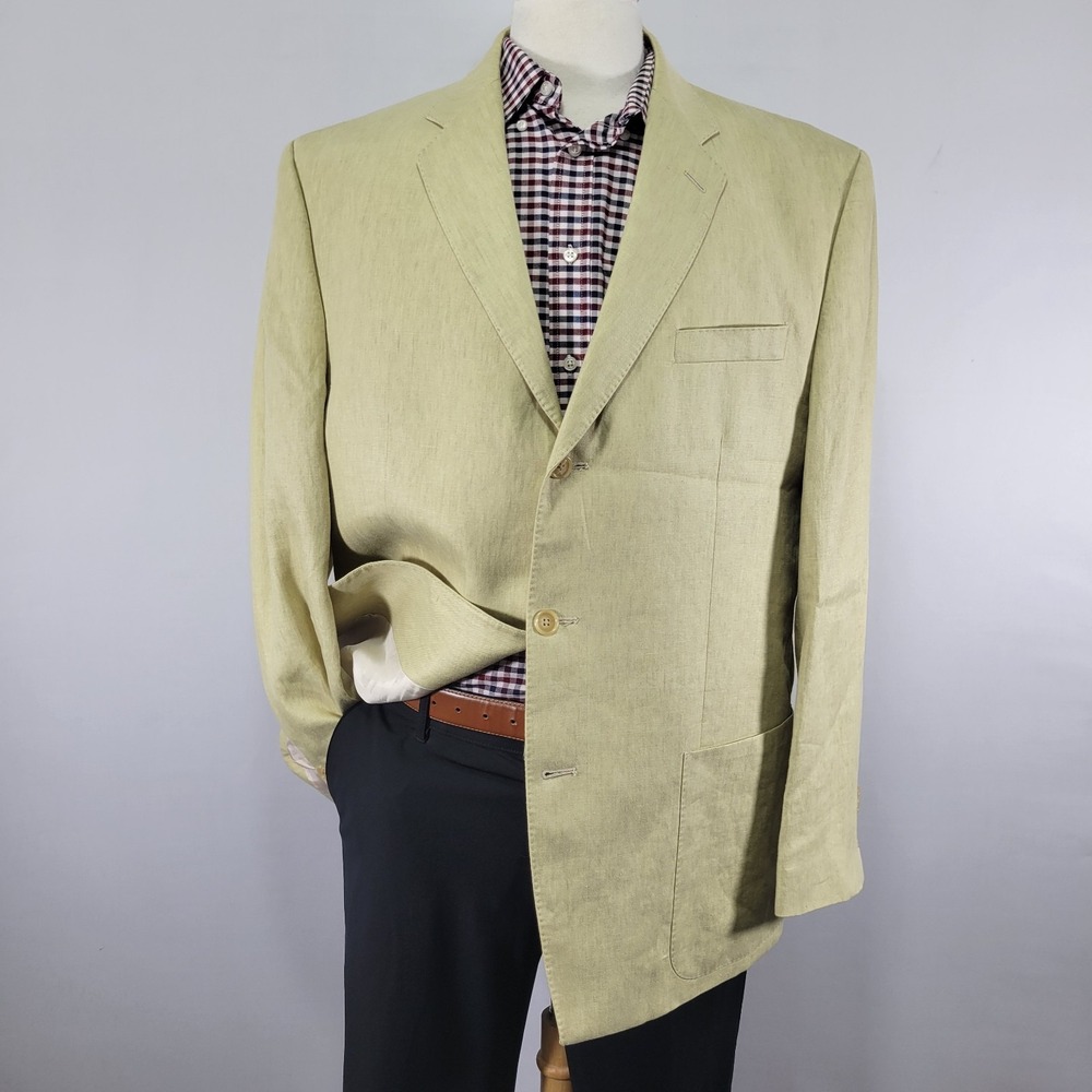 Calvin Klein Men's Sport Coat Blazer Three Button Yellowish Beige 100% Linen 44L